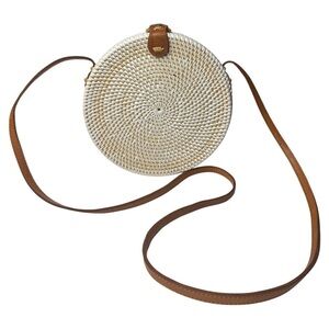 Poppy + Sage Camilla White Rattan Wicker Crossbody Bag Leather Strap